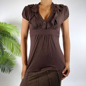 Vintage Y2K Brown Fairycore Ruffle Cottagecore Coquette Short Sleeve Blouse / S